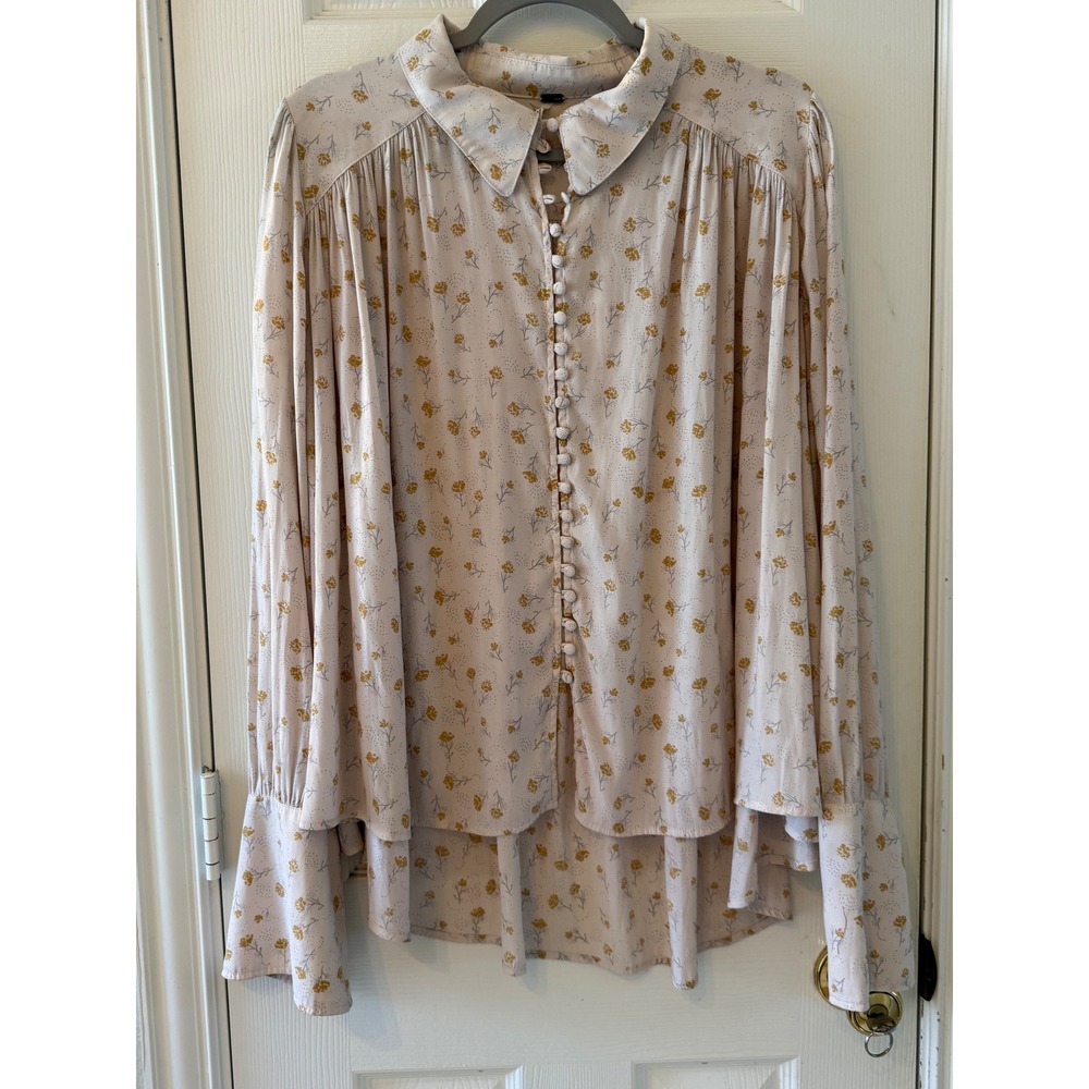 Free People Floral Print Button Front Blouse Top Beige Yellow Size L - Picture 2 of 9